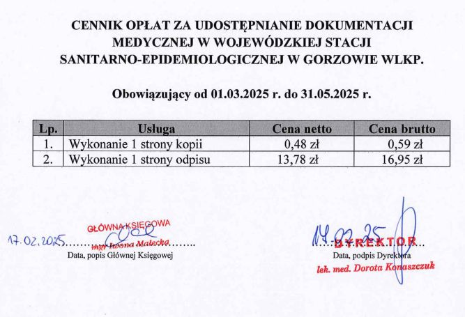 cennik dokumentacji medycznej za 1 stronę : odpis 16.35 zł kopia 0.59 zł