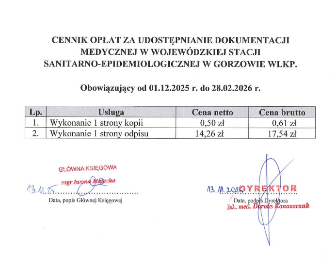 cennik dokumentacji medycznej za 1 stronę : odpis 17.54 zł kopia 0.61 zł
