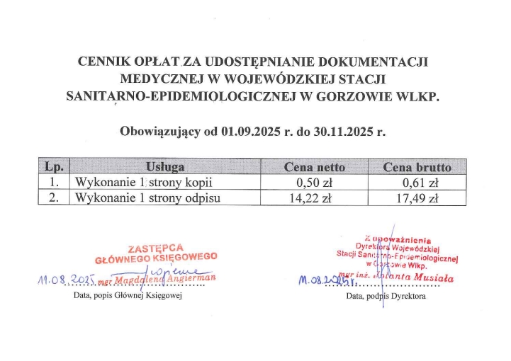 cennik dokumentacji medycznej za 1 stronę : odpis 17.49 zł kopia 0.61 zł
